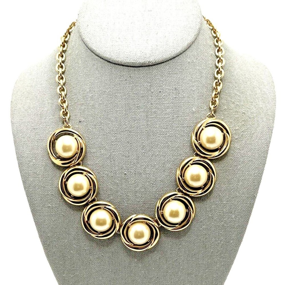 Lady Remington TRISH Faux Pearl Bib Necklace Gold Tone Statement Vintage 18-20"